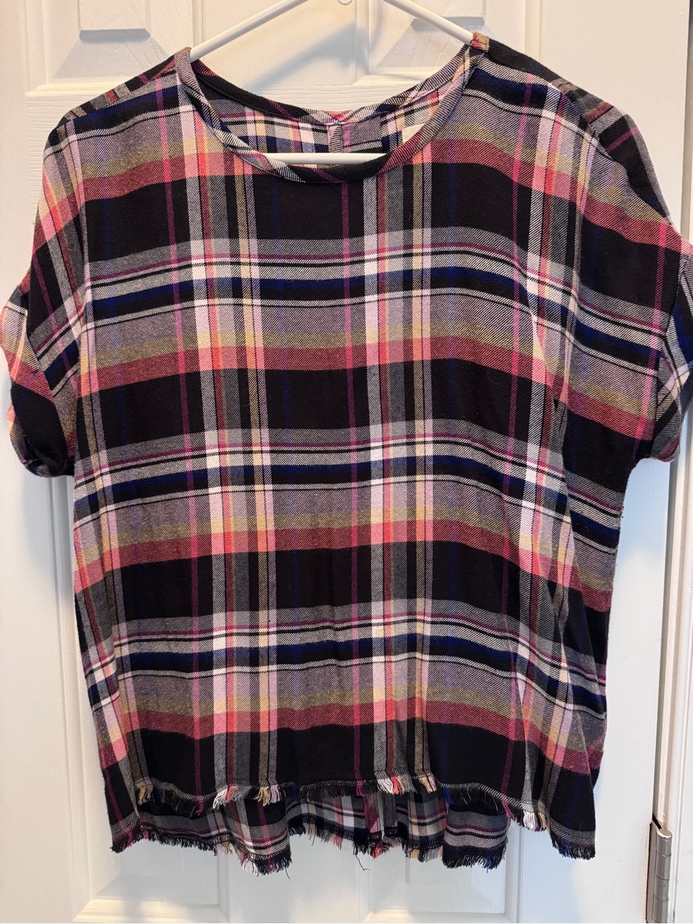 Anthropologie Black Plaid Short Sleeve Top with Pink and Blue Stripes